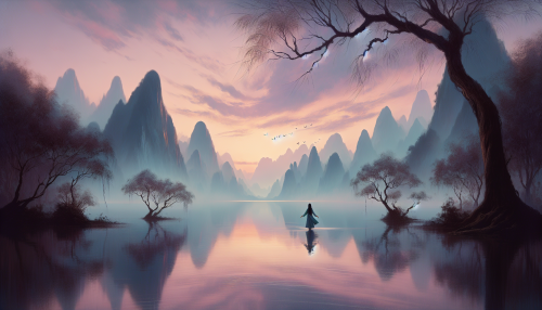 An ethereal landscape emerges, where a lone figure stands at the edge of a tranquil lake, surrounded by towering, mist-laden mountains. The water mirrors the soft hues of a pastel sunset, casting a serene glow across the scene. Trees, with their branches gently swaying in the breeze, create a soft rustle, while distant birds gracefully glide above, echoing the theme of introspection and tranquility.