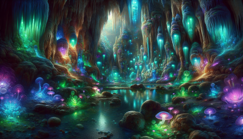 An enchanting underground world where shimmering stalactites hang from the ceiling, bathed in hues of emerald, sapphire, and amethyst. Glowing fungi adorn the damp earth, radiating a soft light that dances upon the cave walls. Crystal-clear pools reflect the vibrant colors, while ethereal wisps of luminescent mist swirl gently through the air. This mystical environment is alive with wonder, inviting explorers to uncover its hidden secrets.