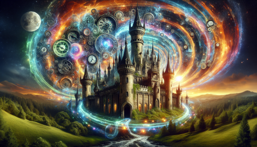 Visualize a majestic castle, its towering spires spiraling into a vibrant time vortex, where clocks, gears, and ethereal light shimmer around it. The castle's stone walls appear ancient yet alive, adorned with luminous vines that pulse with energy. Wisps of mist swirl at its base, while swirling galaxies and cosmic colors play in the background, merging fantasy and time. The scene captures a surreal juxtaposition of history and the infinite possibilities of time travel.