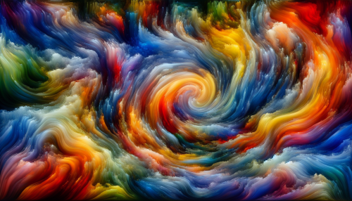 Capture a vibrant scene where swirling waves of color embody a spectrum of emotions—joy, sorrow, anger, and calmness. Each color merges seamlessly into the next, creating a dynamic interplay of hues that resonate with the viewer's feelings. The background features abstract shapes that amplify the emotional intensity, while hints of natural elements like a sunset or storm clouds add depth, inviting the audience to explore their own emotional landscapes.