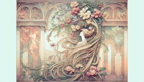 Imagine a stunning scene where intricate Art Nouveau designs intertwine with lush, vibrant flora. Delicate vines and swirling patterns wrap around elongated figures of graceful women, their flowing hair merging with blooming flowers. Soft pastel hues blend harmoniously, casting a dreamlike aura. The backdrop features ornate architectural elements, enhancing the organic motifs, creating a serene yet enchanting atmosphere where art and nature seamlessly coexist.