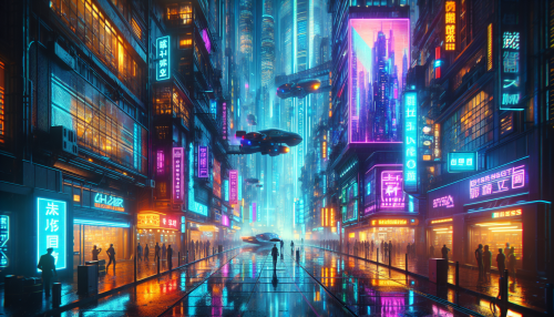 Immerse yourself in a vibrant cyberpunk city, where towering skyscrapers are adorned with holographic ads that flicker in electric hues. Rain-soaked streets reflect the dazzling lights of bustling marketplaces and sleek hovercrafts gliding above. Amidst the chaos, shadowy figures navigate through neon-lit alleyways, blending technology and humanity in a high-tech world. Feel the pulse of a futuristic society alive with innovation and intrigue.