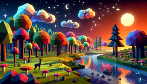 Imagine a whimsical landscape rendered in low poly style, where geometric shapes create a vibrant forest filled with oversized mushrooms and angular trees. A sparkling river winds through, reflecting the playful colors of the sunset. Floating above, abstract clouds made of polygonal shapes drift peacefully, and a charming low poly deer grazes near the water's edge, completing this enchanting, cartoonish tableau.