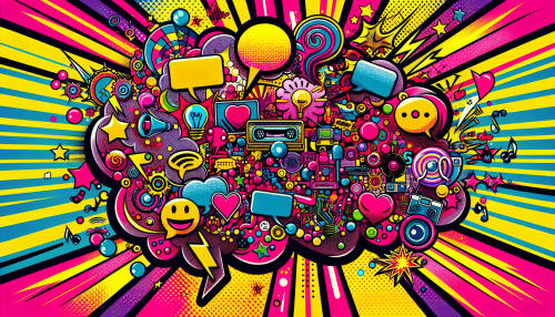 Imagine a dynamic canvas filled with bold, contrasting colors like electric pinks and yellows, featuring oversized comic-style speech bubbles and iconic imagery of everyday objects. The composition bursts with energy, incorporating playful patterns and halftone dots that evoke a sense of nostalgia. Central to the piece is a reinterpretation of classic pop culture icons, seamlessly blending humor and artistic rebellion to create a striking visual statement.