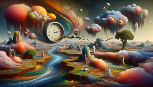 At the heart of the composition lies an ethereal landscape where recognizable objects twist into bizarre forms. A melting clock drapes over a tree branch, while a river flows with vibrant colors that defy logic. In the sky, floating islands host whimsical creatures, casting playful shadows on the ground below. This stunning tableau invites viewers to lose themselves in an alternate reality, rich with imagination and the unexpected.