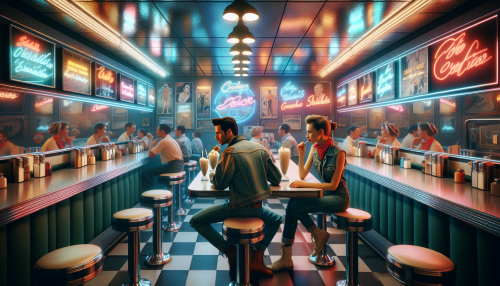 Imagine a vibrant diner scene from the 1950s, complete with neon signs casting colorful reflections on chrome-finished surfaces. A couple in classic denim and leather jackets share milkshakes at the counter, while jukebox tunes play softly in the background. Vintage posters adorn the walls, showcasing iconic films and music stars of the era, encapsulating the essence of nostalgia in a lively atmosphere filled with timeless charm.