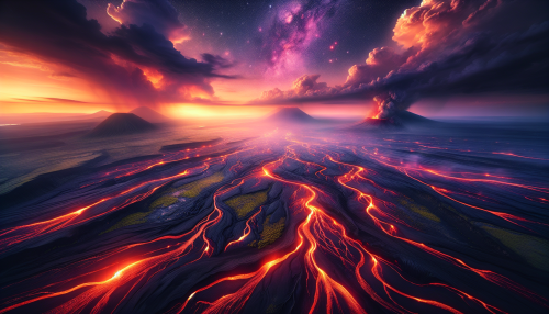 Immerse yourself in a breathtaking landscape where volcanic plains stretch endlessly under a swirling sky of vibrant oranges and deep purples. Rivers of molten lava carve through blackened earth, contrasting with patches of lush greenery that stubbornly thrive in this harsh environment. Steam and ash rise dramatically, creating an ethereal mist that dances above the terrain, while distant silhouettes of ancient mountains loom majestically, hinting at nature's raw power.