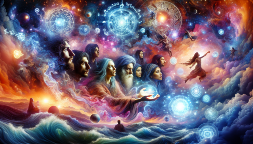 A dramatic tapestry where celestial beings weave through the cosmos, illuminated by radiant orbs of prophecy. Ethereal landscapes emerge, blending vibrant colors with mystic symbols, representing the intertwining of fate and divination. In the foreground, figures depict a moment of revelation, their expressions a mix of awe and trepidation, as ancient scrolls hover in the air, revealing secrets of the universe and glimpses of destinies yet to unfold.