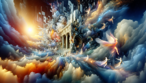 Immerse yourself in a dreamlike landscape where abstract shapes and vivid colors collide, creating a visual symphony of ideas. Central to this piece is a towering, fragmented sculpture that embodies the essence of human creativity. Wispy clouds swirl around it, blending with cascading hues of blue and gold, as ethereal figures dance amidst the chaos, representing the interconnectedness of thought and art.