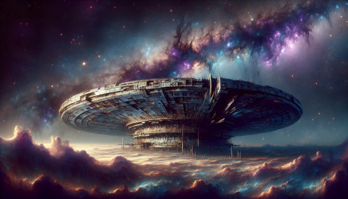 In a desolate cosmic landscape, an enormous, rusted starship drifts silently, its once-bright hull now dulled by time and neglect. Surrounding it, swirling nebulae in shades of purple and blue create a haunting backdrop, while distant stars twinkle like forgotten memories. Fractured panels and tangled vines of alien flora cling to the ship, whispering stories of adventures lost and the mysteries of the universe waiting to be unveiled.