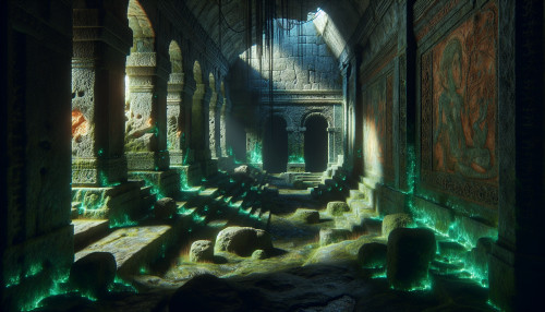 Dive deep into an ancient underground labyrinth, where crumbling stone walls entwined with vibrant bioluminescent moss create an otherworldly atmosphere. The air is thick with anticipation as shadows dance across the uneven ground, revealing faded murals of a lost civilization. Dimly lit archways beckon exploration, while the distant echo of trickling water adds an eerie soundtrack to this enigmatic and forgotten realm waiting to be uncovered.