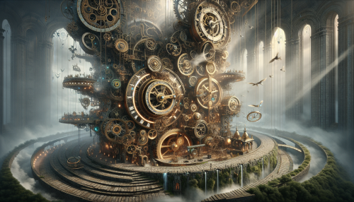 Imagine a towering structure of intricate gears and shimmering brass, rising high above a misty landscape. This enchanted clockwork tower is adorned with glowing runes and delicate clock faces, each ticking softly in unison. Ethereal wisps of light dance around its spires, while mechanical birds flit between its levels. Below, a cobblestone path winds through a vibrant garden, inviting curious onlookers to explore the mysteries of time and magic within.