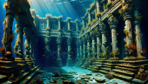 Imagine an ancient palace submerged in the deep blue ocean, where sunlight filters through the shimmering water, casting ethereal patterns on the ornate, algae-covered columns. Delicate coral formations entwine with the once-grand architecture, while schools of vibrant fish dart among the broken statues and faded tapestries. A sense of mystery and tranquility envelops this enchanting scene, inviting exploration of the secrets that lie beneath the waves.