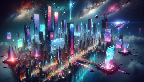 In a sprawling, neon-lit city suspended among the stars, towering skyscrapers glisten with holographic advertisements and advanced technology. Hovering vehicles zip through the air, while diverse crowds of humans and humanoids mingle in vibrant marketplaces. Massive screens display intergalactic news, and the atmosphere buzzes with the energy of innovation. Above, constellations twinkle, hinting at untold adventures awaiting those brave enough to explore the cosmos beyond.