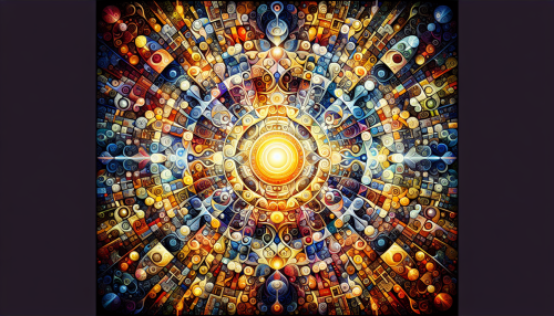 Visualize a lively and radiant tapestry meticulously crafted with a diverse range of geometric designs. The colors in the pattern swirl and interweave, contributing to a complex display. The central feature of this image is a glowing sphere that emanates energy, casting varying shadows across the intricate arrangement of shapes. Every figure seems dynamic and full of life, working together to produce a mesmerizing kaleidoscopic spectacle that engages and stimulates the spectator's imagination.