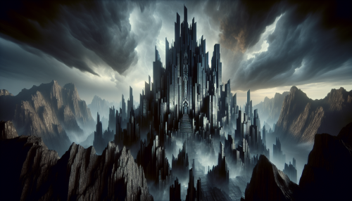 Envision a towering fortress crafted from gleaming black obsidian, its sharp spires piercing a stormy sky. Surrounded by a swirling mist, the fortress looms over a rocky landscape, with jagged cliffs and treacherous ravines. Intricate carvings of ancient symbols embellish the walls, while flickering torches cast dancing shadows. A sense of foreboding envelops the scene, inviting the viewer to uncover the secrets hidden within its dark halls.