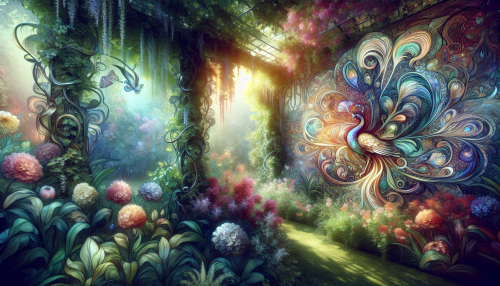 Imagine a lush, whimsical garden where the graceful curves and intricate patterns of Art Nouveau come to life. Delicate flowers bloom in vibrant shades, intertwining with elegant, flowing vines that seemingly dance with the breeze. In the center, a majestic peacock spreads its iridescent feathers, adorned with organic motifs. The sunlight filters through leafy canopies, casting ethereal shadows, creating a serene symphony of nature and artistry.