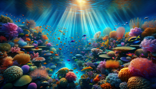 Dive into a mesmerizing underwater landscape filled with vibrant, prismatic coral reefs. Sunlight filters through the crystal-clear water, casting kaleidoscopic patterns on the ocean floor. Schools of iridescent fish dart among the corals, their scales glinting like jewels. Sea turtles glide gracefully in the background, while delicate sea fans sway gently with the currents. This enchanting scene captures the dynamic beauty and vibrant colors of marine life thriving in harmony.