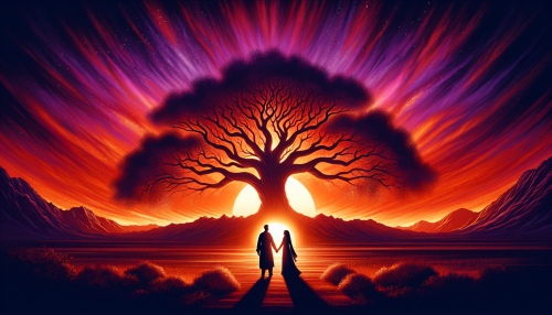 Capture a breathtaking sunset where the sky is ablaze with vibrant hues of orange and purple. In the foreground, a majestic tree stands tall, its intricate branches forming a striking silhouette against the colorful backdrop. A couple intertwined in a loving embrace adds a touch of warmth to the scene, their figures darkened yet full of emotion. This enchanting image evokes a sense of peace, love, and connection with nature.