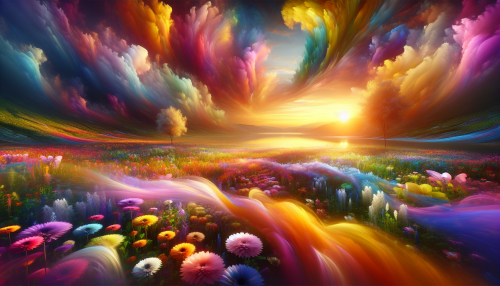 A vibrant landscape unfolds, where ethereal wisps of color swirl together, embodying hope and dreams. A luminous sunrise bathes the scene in golden hues, casting long shadows across a field of wildflowers that seem to dance in the gentle breeze. Each petal shimmers with soft pastels, reminiscent of childhood aspirations, while a serene river reflects the sky’s canvas of possibility, inviting onlookers to dare to dream.