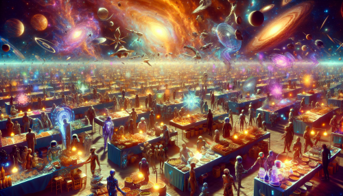 Imagine a vibrant cosmic marketplace, filled with a kaleidoscope of alien vendors showcasing exotic wares under a glowing nebula. Stalls overflow with shimmering space crystals, tantalizing interstellar cuisine, and unique artifacts from distant worlds. The air buzzes with chatter in diverse languages, while colorful trade ships hover nearby. Brightly dressed beings from every corner of the galaxy mingle, creating a captivating tapestry of culture and commerce.