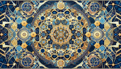 Imagine a mesmerizing tapestry of Islamic geometric art, where intricate patterns intertwine to form a harmonious symphony of shapes. Vivid blues and golds dance across the canvas, with delicate star shapes, interlocking circles, and elegant arabesques creating a visual feast. Each section unfolds like a chapter in a timeless story, inviting viewers to explore its depth and complexity, celebrating the beauty of symmetry and cultural heritage.