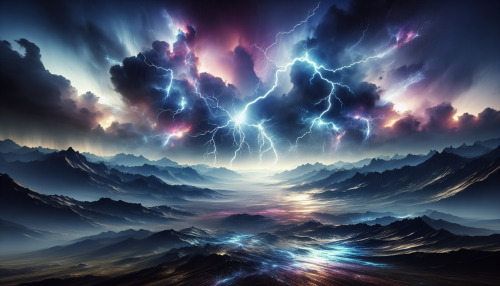 Imagine a vast landscape where swirling electric storms illuminate the sky, casting bold, vibrant hues of blue, purple, and silver. Lightning strikes dance dramatically across the horizon, creating a symphony of flickering light and shadow. Below, rugged terrain glistens from the rain, while distant mountains loom like shadows against the electrified sky. This dynamic scene captures the raw power and beauty of nature in a mesmerizing embrace of energy.