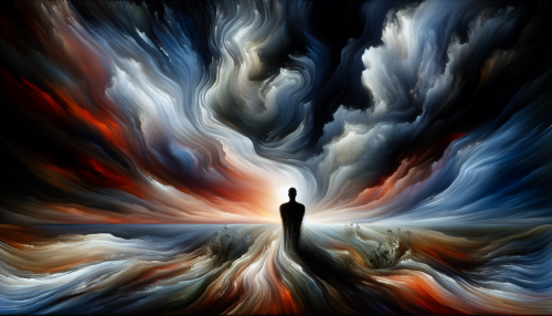 A hauntingly beautiful image that encapsulates the essence of human emotion, depicting an ethereal figure cloaked in shadows, embodying sorrow. Around them, swirling winds and distorted landscapes represent the internal struggle, with dark clouds looming overhead and a flicker of light on the horizon symbolizing hope. Vivid colors clash with muted tones, creating a striking contrast that draws the viewer into a profound exploration of resilience amidst despair.