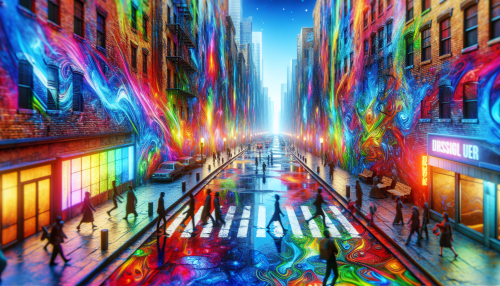 Envision a vibrant cityscape where colossal graffiti murals dance across jagged brick walls, exploding with colors—electric blues, fiery reds, and radiant yellows. The streets teem with life, as diverse figures adorned in eclectic fashions navigate through this artistic labyrinth. Neon lights flicker overhead, reflecting off puddles from a recent rain, while the distant sound of a street musician adds a rhythmic pulse to the urban canvas.