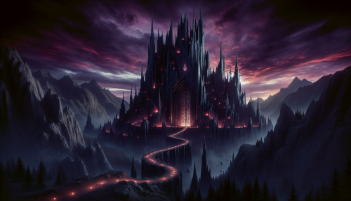 A colossal obsidian fortress towers against a dramatic twilight sky, its jagged spires reflecting shades of deep purple and crimson. Shadows dance over the fortress walls, intricately carved with ancient runes that glow faintly in the dim light. Surrounding the fortress, a misty landscape of dark forests weaves around rocky outcrops, while a lone, winding path leads to an imposing, heavy iron gate shrouded in mystery.