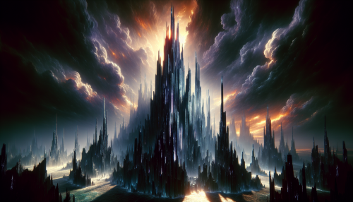 Visualize a towering, dark fortress made entirely of shimmering obsidian, its sharp spires piercing the stormy sky. A vibrant sunset casts an ethereal glow on the fortress’s jagged surface, illuminating ancient runes carved deep into the stone. Surrounding the fortress, a swirling mist of shadows reveals glimpses of mythical creatures lurking, while a turbulent sea crashes against its darkened base, enhancing the sense of mystery and power.