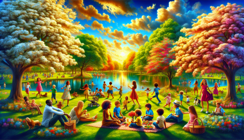 Imagine a picturesque park where vibrant colors dance across the canvas of a sunlit afternoon. Children joyfully play on the lush green grass, their laughter blending harmoniously with the rustling leaves. Nearby, a serene pond reflects the blue skies and fluffy clouds, while a couple enjoys a leisurely picnic under the shade of blossoming trees. This image encapsulates the essence of play and relaxation, inviting viewers to escape into tranquility.