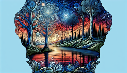 Imagine a tranquil landscape where vibrant colors dance in the sky, merging with intricate symbols that represent peace, love, and harmony. A flowing river mirrors these intricate designs, creating a vivid tapestry that invites the viewer to explore deeper meanings. Elegant trees, adorned with mystical glyphs, sway gently in the breeze, weaving nature and symbolism into a serene sanctuary, echoing a timeless message of unity and balance.