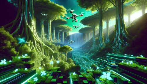 Imagine a breathtaking landscape where towering trees entwine with futuristic structures. Bioluminescent plants cast an ethereal glow, illuminating sleek, metallic pathways. The sky is a mesmerizing blend of green and blue hues as drones zip by, pollinating flowers. In the background, a waterfall cascades over digital rocks, merging the essence of nature with advanced technology. This scene captures the intricate balance between innovation and the beauty of the natural world.