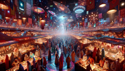 Step into a vibrant, interstellar market teeming with life and color. Stalls brimming with exotic goods from distant planets line the streets, each adorned with shimmering lights and floating holograms. Alien vendors in ornate attire passionately haggle with diverse customers, while the aroma of cosmic delicacies fills the air. Above, a kaleidoscope of spacecraft buzzes, casting a mesmerizing glow over this bustling hub of galactic commerce.