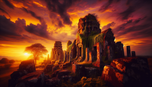 Capture the majestic beauty of ancient ruins bathed in the warm, golden hues of a breathtaking sunset. Vines and moss blanket the crumbling stones while the sky ignites with vibrant oranges and deep purples, casting dramatic shadows. Wisps of clouds drift lazily, illuminated by the fading light, as a sense of mystery and history envelops the scene, inviting viewers to