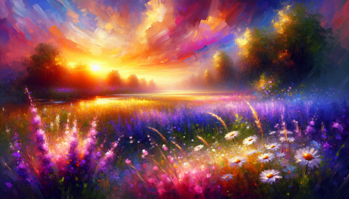 Immerse yourself in a vibrant field of wildflowers under a golden sunset, where soft brush strokes capture the fleeting beauty of nature. Wisps of lavender and daisies dance in the gentle breeze, their colors blending seamlessly into a painted sky of pink and orange hues. In the distance, a tranquil river reflects the enchanting light, inviting viewers into a serene world alive with movement and emotion.