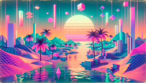 Dive into a mesmerizing vaporwave-inspired world where neon colors blend seamlessly with retro aesthetics. Picture a serene landscape adorned with palm trees, floating geometric shapes, and glitchy visuals under a pastel-colored sunset. The air is thick with nostalgia as vintage technology and computer graphics create an ethereal ambiance. This dreamy scene invites viewers to escape reality and immerse themselves in a tranquil, surreal experience.