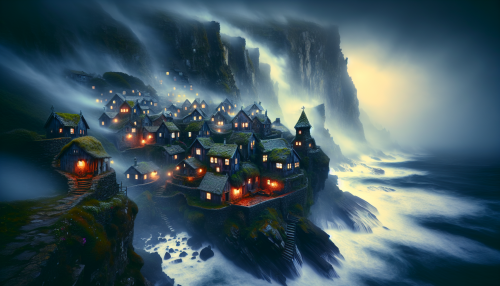 A picturesque village clings to the edge of a dramatic cliff, shrouded in a soft, ethereal fog. Quaint, weathered cottages with moss-covered roofs peek through the swirling mist, their warm lanterns flickering like stars. Below, the waves crash against rugged rocks, creating a symphony of nature. The air is filled with the scent of salt and wildflowers, inviting exploration of this enchanting, otherworldly retreat.