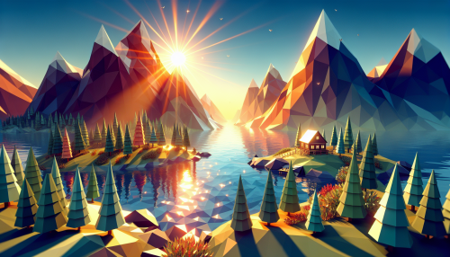 Imagine a vibrant low poly landscape, where towering geometric mountains meet a pristine azure lake. The sun sets, casting warm golden rays that dance on the water's surface, while low poly trees sway gently in a pixelated breeze. A charming low poly cabin peeks through the foliage, emitting a soft glow from its windows. This whimsical scene invites viewers into a playful world of simplified beauty and imagination.