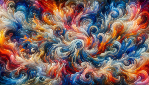 This captivating image features a dynamic blend of abstract figures, swirling and intertwining in vibrant colors. Each form, with its unique shape and texture, dances across the canvas, evoking a sense of fluidity and energy. Shades of deep blues, fiery oranges, and soft pastels clash and harmonize, creating a visual symphony that invites viewers to explore the connection between movement and emotion in a mesmerizing display.