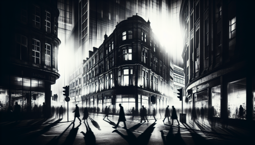 Capture a stunning black and white photograph that encapsulates the raw essence of urban life. Focus on a bustling street corner, where contrasting shadows dance against illuminated shop windows. Silhouettes of pedestrians weave in and out, their expressions lost in the grayscale composition. Include architectural lines that draw the eye upward, creating a symphony of light and shadow that tells a story of the vibrant city pulse.