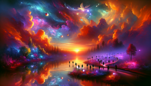 Capture a surreal landscape where vibrant hues of dawn blend with wisps of dreams. Ethereal clouds float above a serene lake, reflecting the shimmering colors of a rising sun. Silhouetted figures, each holding a small glowing orb, walk along a winding path that leads into a lush, enchanted forest. This scene evokes a sense of possibility and the harmony between aspirations and reality.