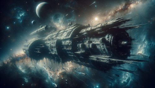 Visualize a colossal, abandoned starship drifting through the dark expanse of space. Its hull, scarred and weathered, reflects distant starlight, while ethereal tendrils of cosmic dust entwine around it. Broken windows reveal shadowy interiors filled with forgotten technology and remnants of its former crew. Planets and nebulas glow in the background, highlighting the profound isolation and the echoes of long-lost adventures in the universe.