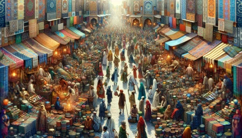 Imagine a vibrant market scene where diverse cultures collide in a burst of color and texture. Stalls brim with intricate textiles from India, handmade pottery from Mexico, and aromatic spices from Morocco. People of varying backgrounds interact, dressed in a blend of traditional attire and modern fashion, as music from around the world fills the air, creating an atmosphere of unity and celebration in diversity.