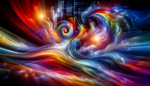 Create an exhilarating scene featuring swirling abstract figures that embody energy and dynamism. The figures, composed of vibrant colors and geometric shapes, seem to dance through an ethereal landscape, with soft gradients of light enhancing their fluidity. The background blurs into a dreamlike haze, adding depth and mystery, allowing viewers to immerse themselves in this mesmerizing visual symphony of movement and form.