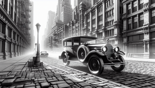 Capture the essence of a bustling city street, where shadows and light dance in perfect harmony. Focus on the intricate details of a vintage car parked against a backdrop of striking architecture. The deep blacks and brilliant whites should emphasize textures, revealing the weathered bricks and smooth curves. A hint of mist lingers, adding a layer of mystery to this timeless black and white scene.