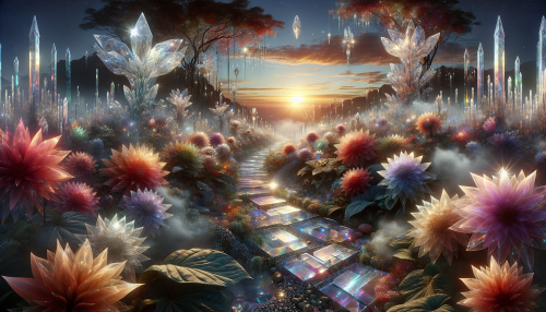 Imagine a breathtaking scene of ethereal gardens suspended in the sky, each crystal bloom reflecting a spectrum of colors. Delicate tendrils of mist weave through vibrant flora, while radiant crystals twinkle like stars against a soft sunset backdrop. The lush greenery is interspersed with shimmering pathways made of translucent stones, inviting the viewer to wander through a dreamlike paradise. A gentle breeze carries the scent of exotic blossoms, enhancing the magical atmosphere.