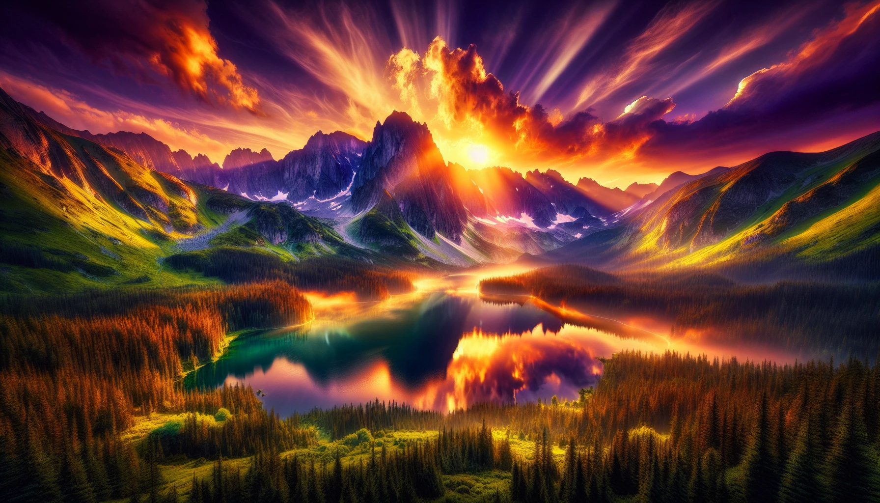 A breathtaking landscape unfolds, showcasing a majestic mountain range bathed in the golden hues of sunset. The sky explodes with rich oranges and deep purples, reflecting on a crystal-clear lake below. Lush green forests frame the scene, while wisps of mist rise from the water's surface, adding an ethereal quality. This HDR masterpiece captures a moment of serene beauty, inviting viewers to lose themselves in its vivid details.