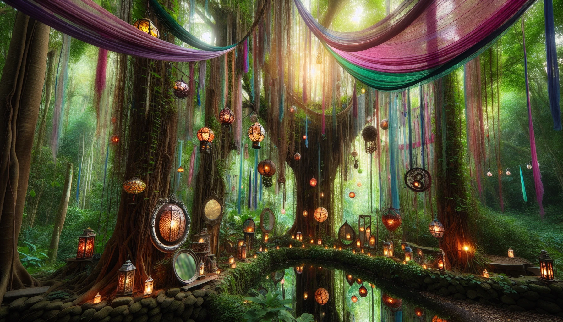 Imagine a mystical forest where nature and art intertwine. Vines adorned with glowing lanterns twist around towering trees, while soft, colorful fabric drapes create an otherworldly canopy. Mirrors reflect the enchanting scenery, creating a surreal depth. Wind chimes made of reclaimed materials respond to the gentle breeze, producing soothing sounds that harmonize with the rustle of leaves, inviting visitors into a serene, immersive experience.